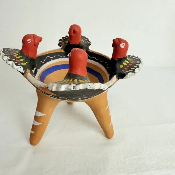 Multicolor Painted Turkey Tripod Copelero Cup Figurine Mexican Pottery - Picture 2 of 12